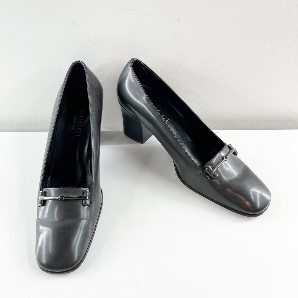 Gucci Vintage Square Toe Horsebit Leather Pumps Gray 7